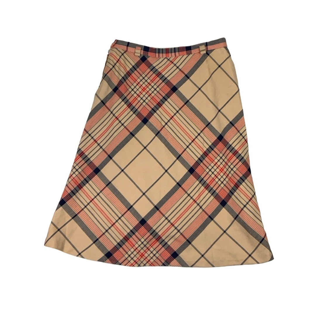 Vintage 60s 70s ‘Trevira’ Beige Red Navy Tartan Midi Skirt S 10 12