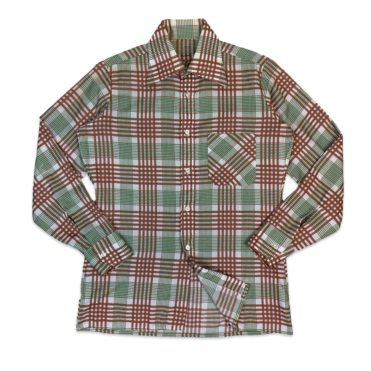 70s White Brown & Green Plaid Dagger Collar Shirt M