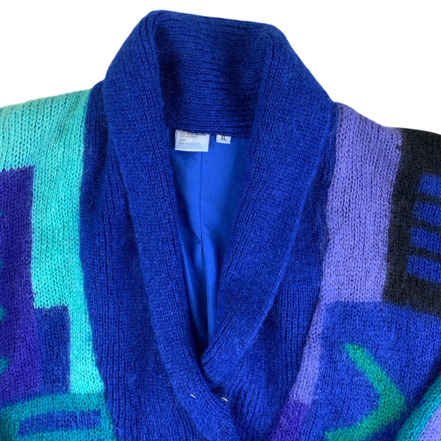 Vintage 80s Blue Geometric Mohair Cardigan L XL