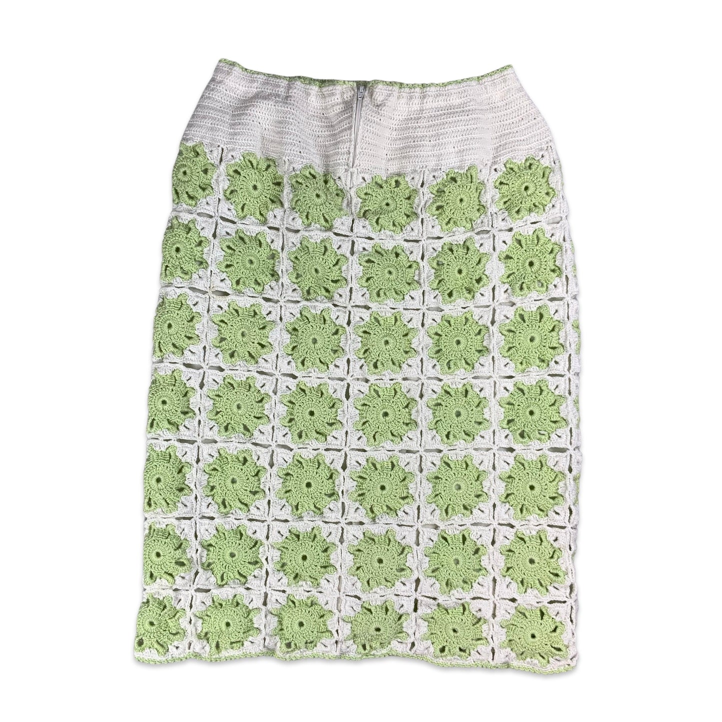 Vintage White & Green Crochet Midi Skirt 6 8