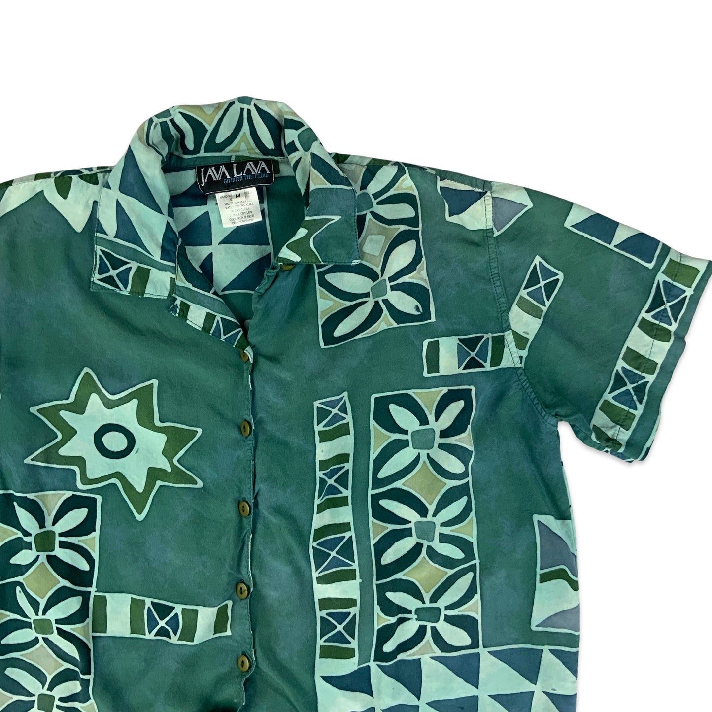 90s Green Geometric Print Short Sleeve Blouse