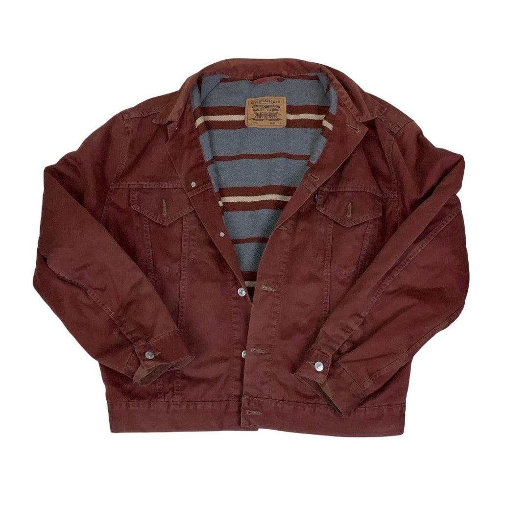 Vintage 80s 90s ‘Levi Strauss & Co’ 70614 Burgundy Stripe Fleece Lined Denim Jacket L XL