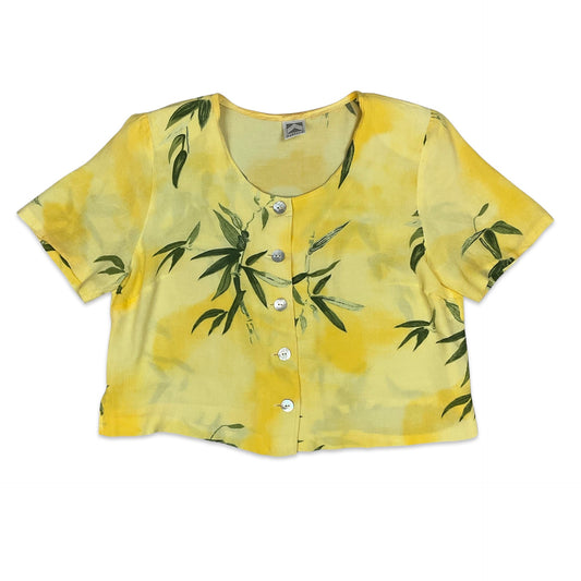 80s Yellow & Green Floral Button Up Crop Top 14 16