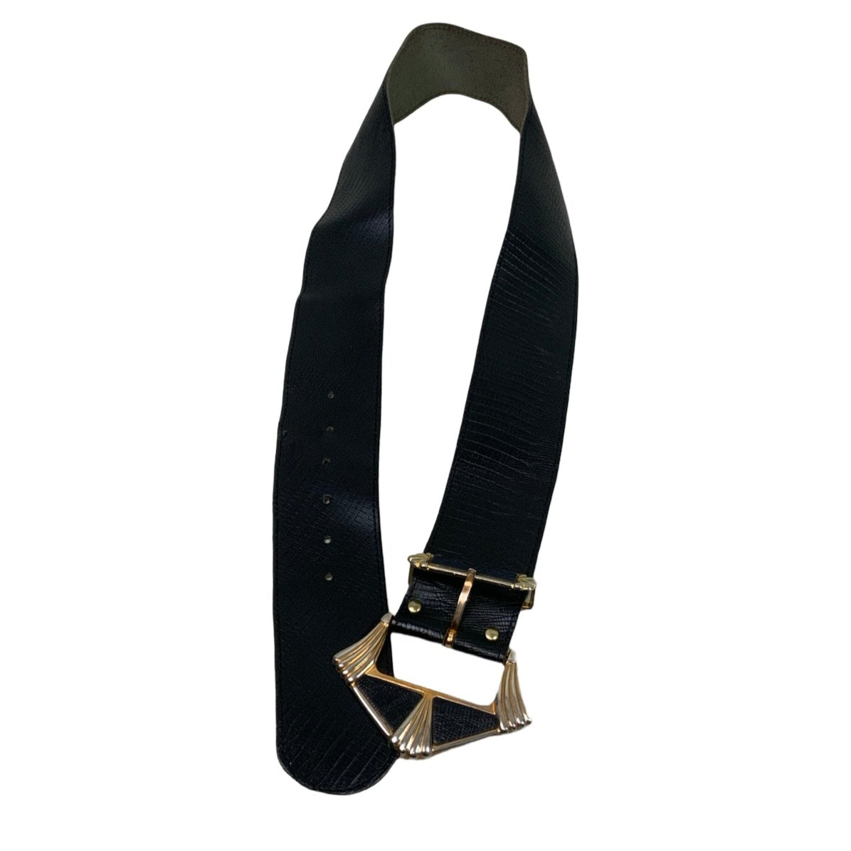 Vintage Black Croc Leather Gold Buckle Belt