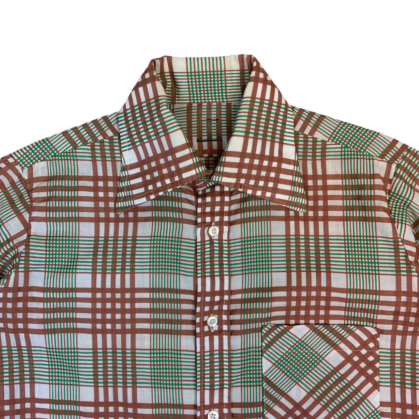 70s White Brown & Green Plaid Dagger Collar Shirt M