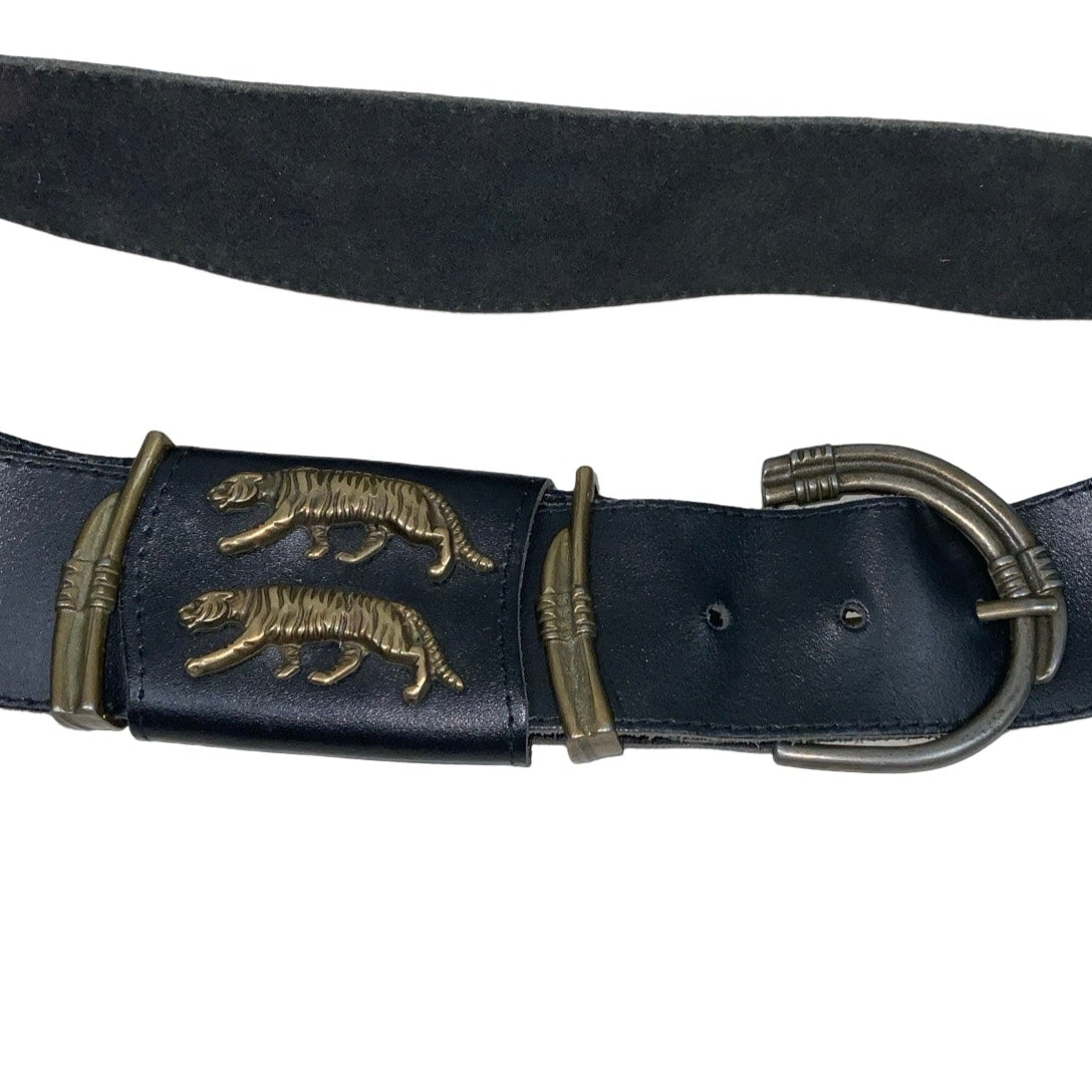 Vintage 80s 90s Black Leather Western Gold Brass Tiger Stud Buckle Belt