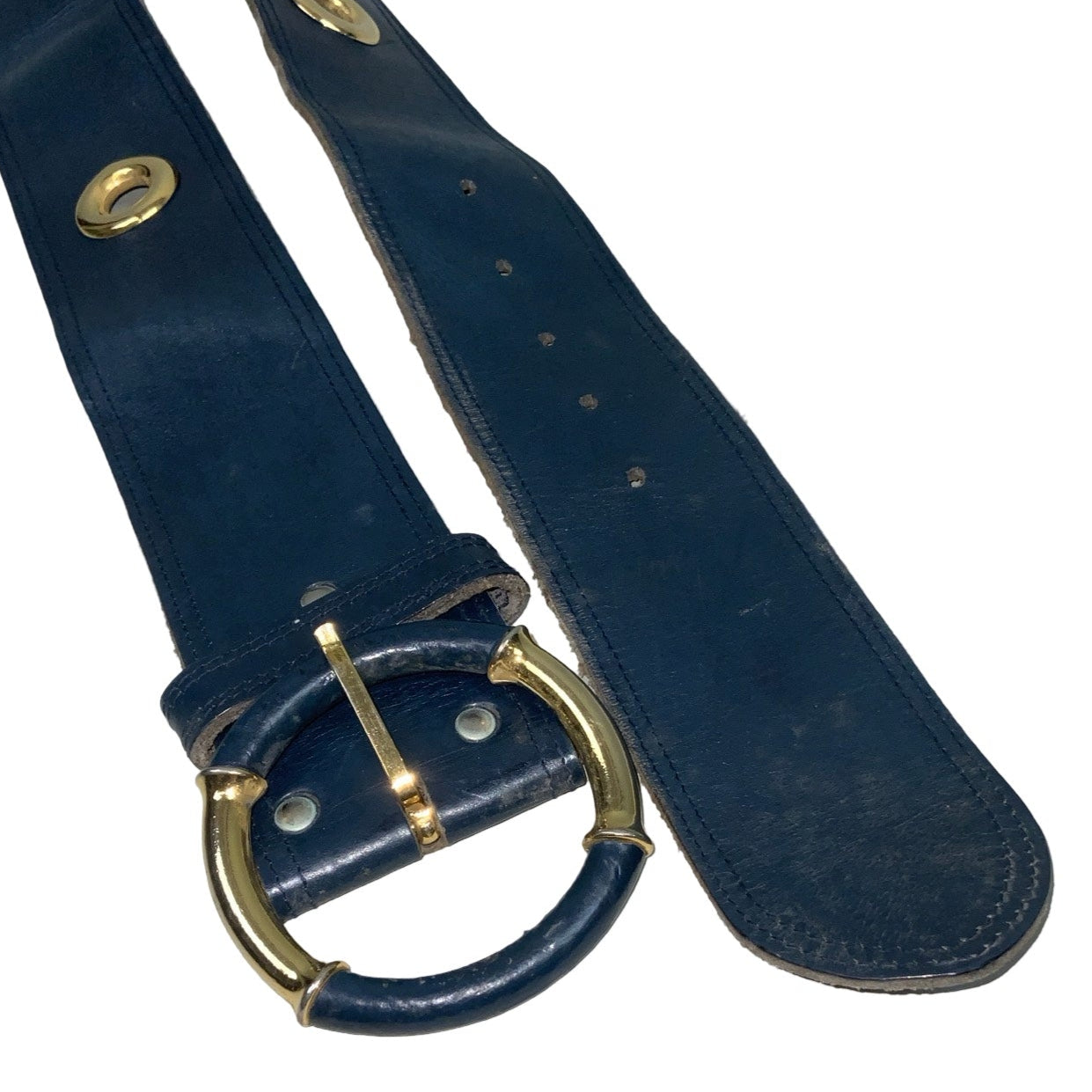 Vintage 80s 90s Blue Gold Leather Circular Buckle Belt