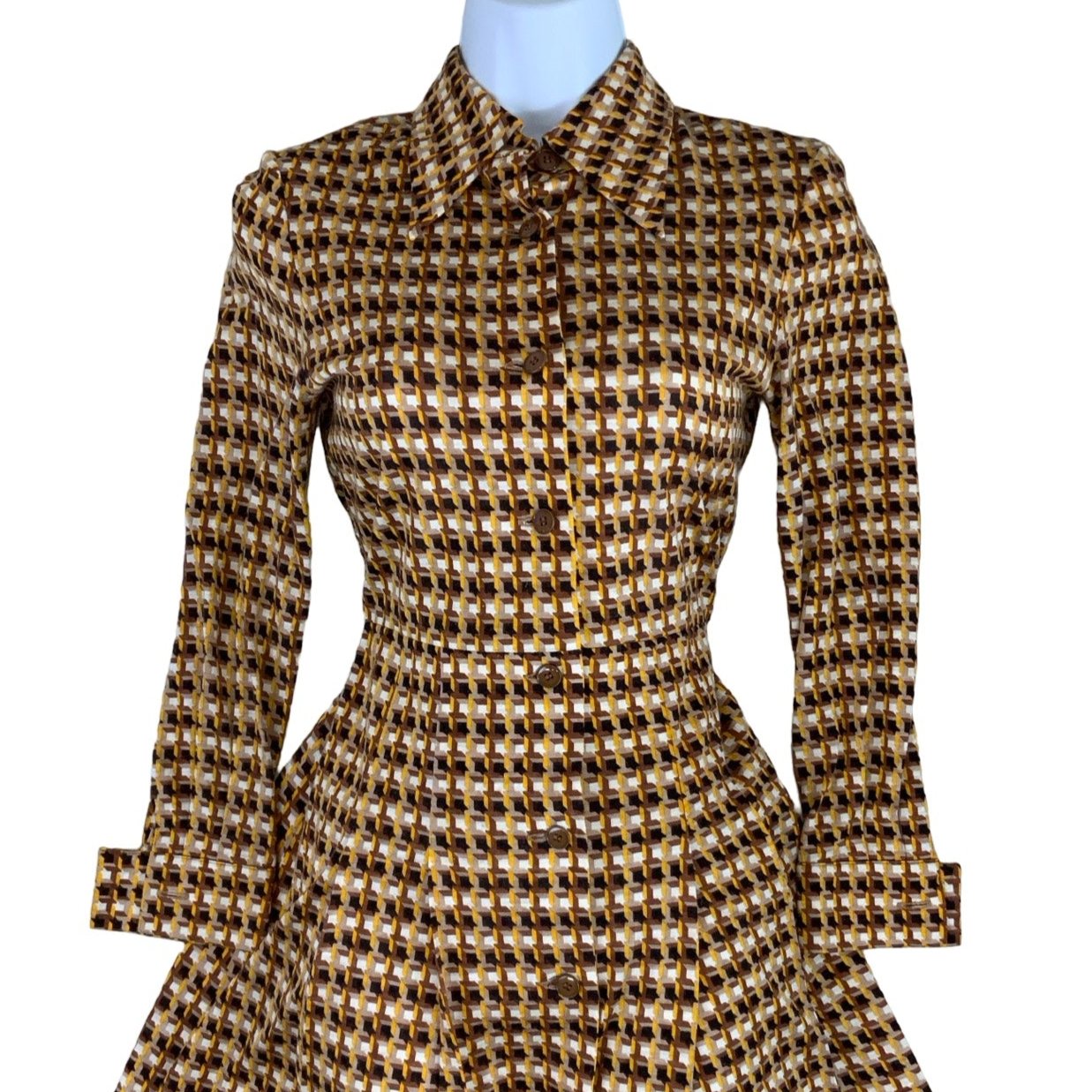 Vintage 60s 70s ‘Miss Onward’ Brown Beige Geometric Shirt Dress 6 8 10