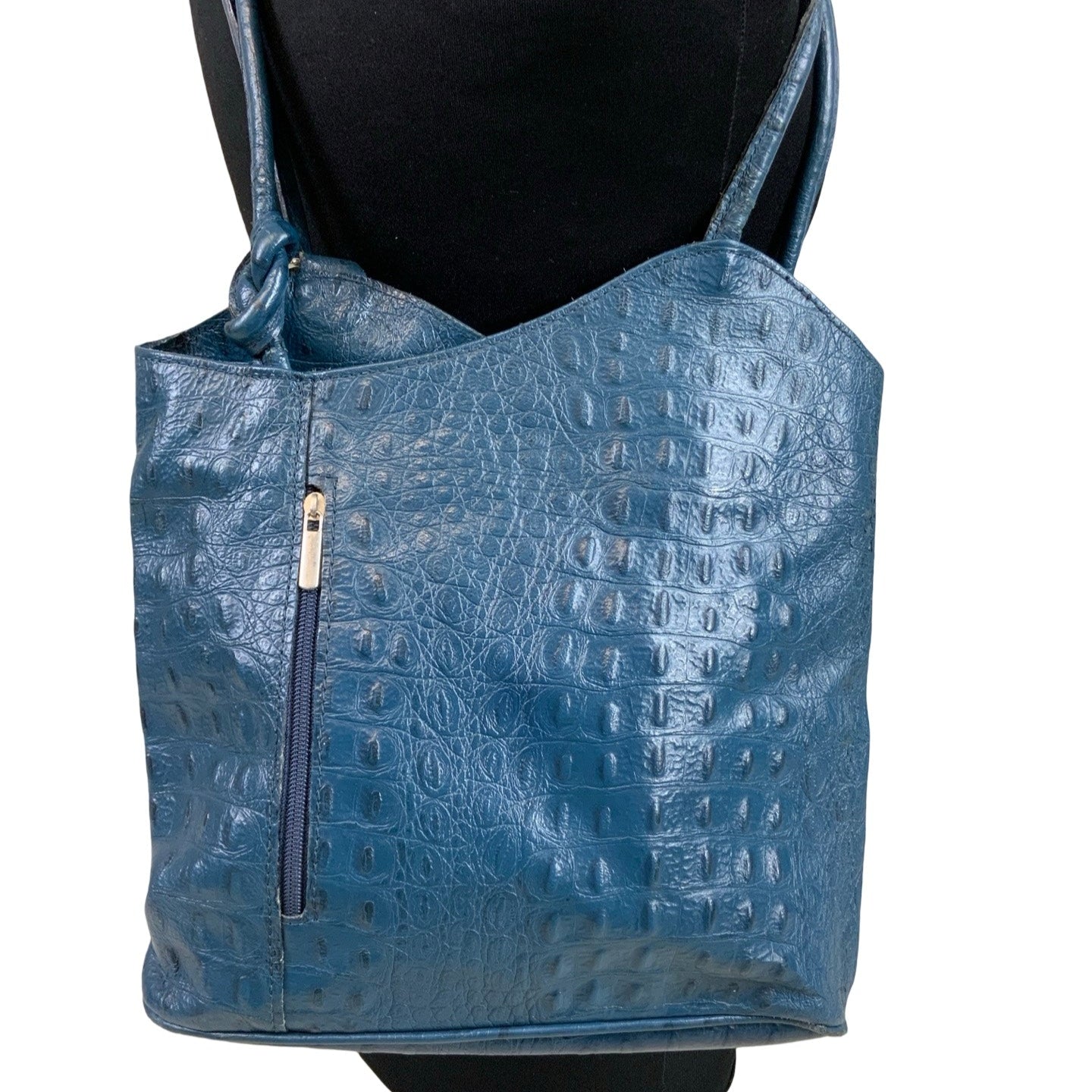 Vintage 90s Blue Moc Croc Leather Textured Multi-Styled Backback Shoulder Bag