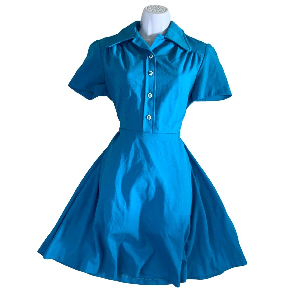 Vintage 60s 70s Blue Mini Aline Shirt Dress 8 10 12