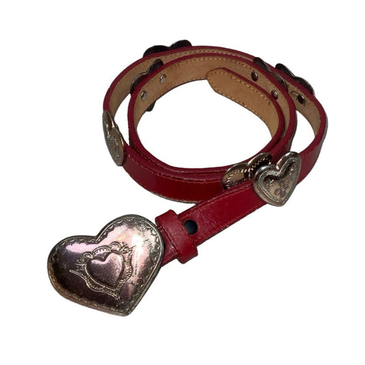 Vintage 90s 00s Y2k Red Leather Western Heart Studded Buckle Thin Belt