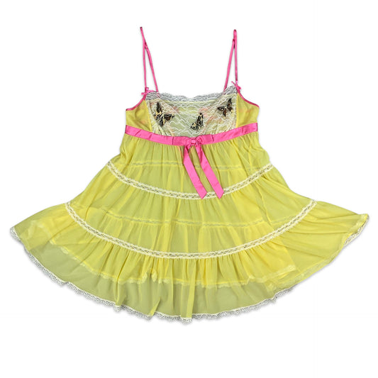 90s Y2K Yellow & Pink Sheer Baby Doll Dress
