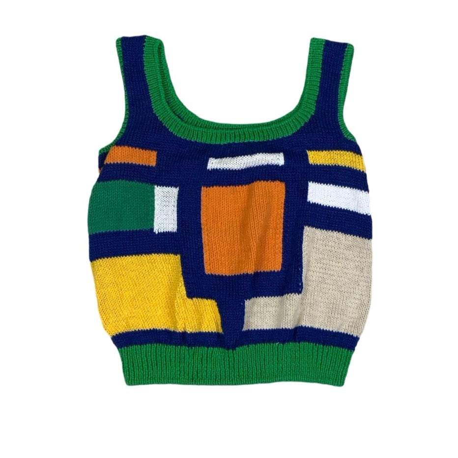 Vintage 80s 90s Blue Yellow White Green Pink Geometric Colour Block Knitted Vest Top 10 12