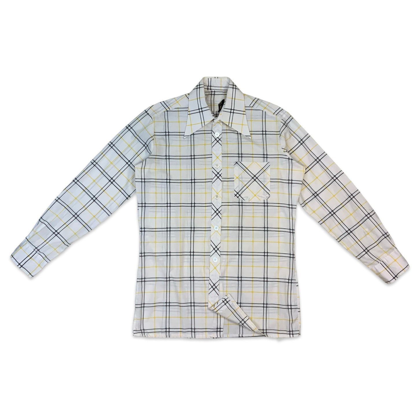 70s White Grey Yellow Checkered Dagger Collar Shirt M L