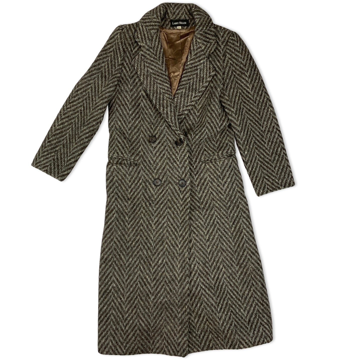 Vintage 80s Herringbone Double Breasted Brown and Grey Ladies' Wool Coat 14