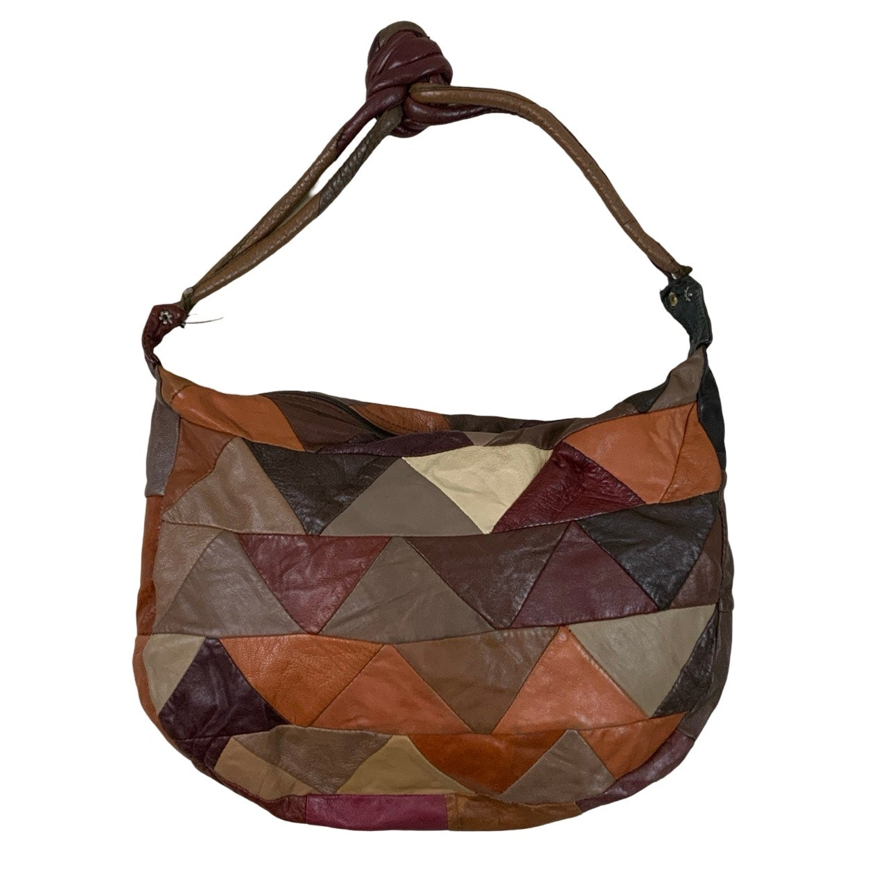 Vintage 90s 00s Y2K Red Brown Beige Leather Patchwork Crescent Hobo Slouchy Handbag