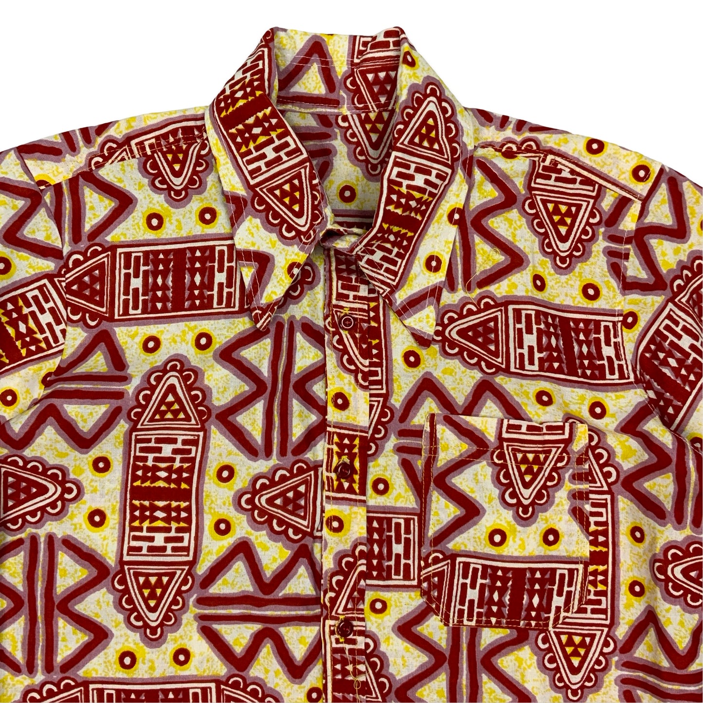 70s Red & Yellow Aztec Print Dagger Collar Shirt M