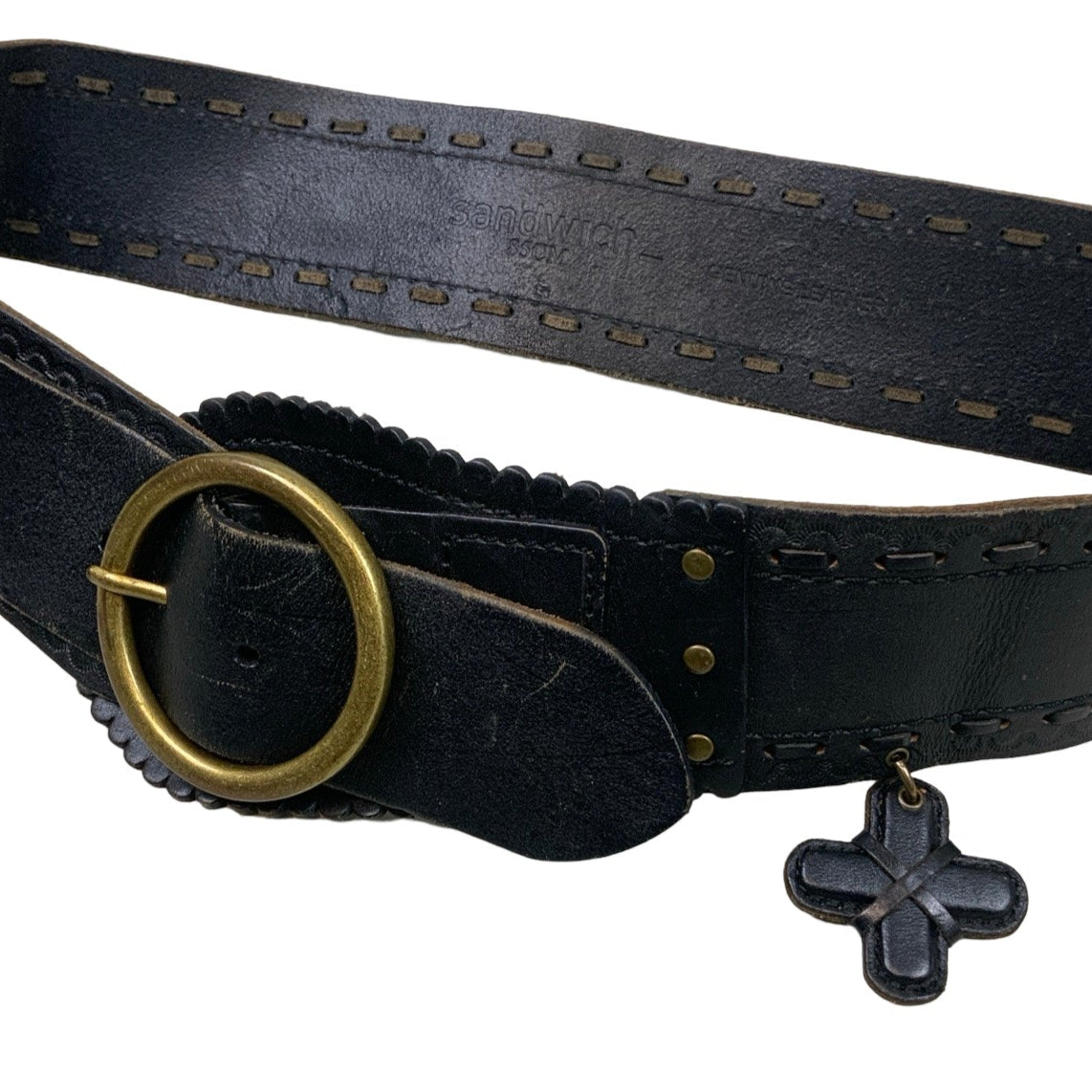 Vintage 90s 00s y2k 'Sandwich' Thick Black Leather Stitched Cross Attachment Buckle Belt