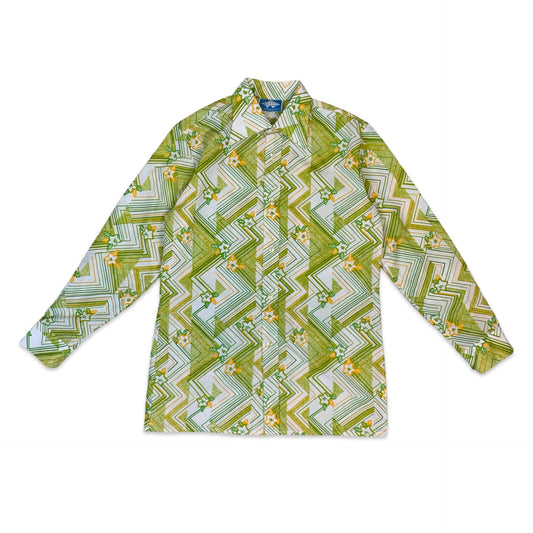 70s Green White & Orange Geometric Print Dagger Collar Shirt XS S