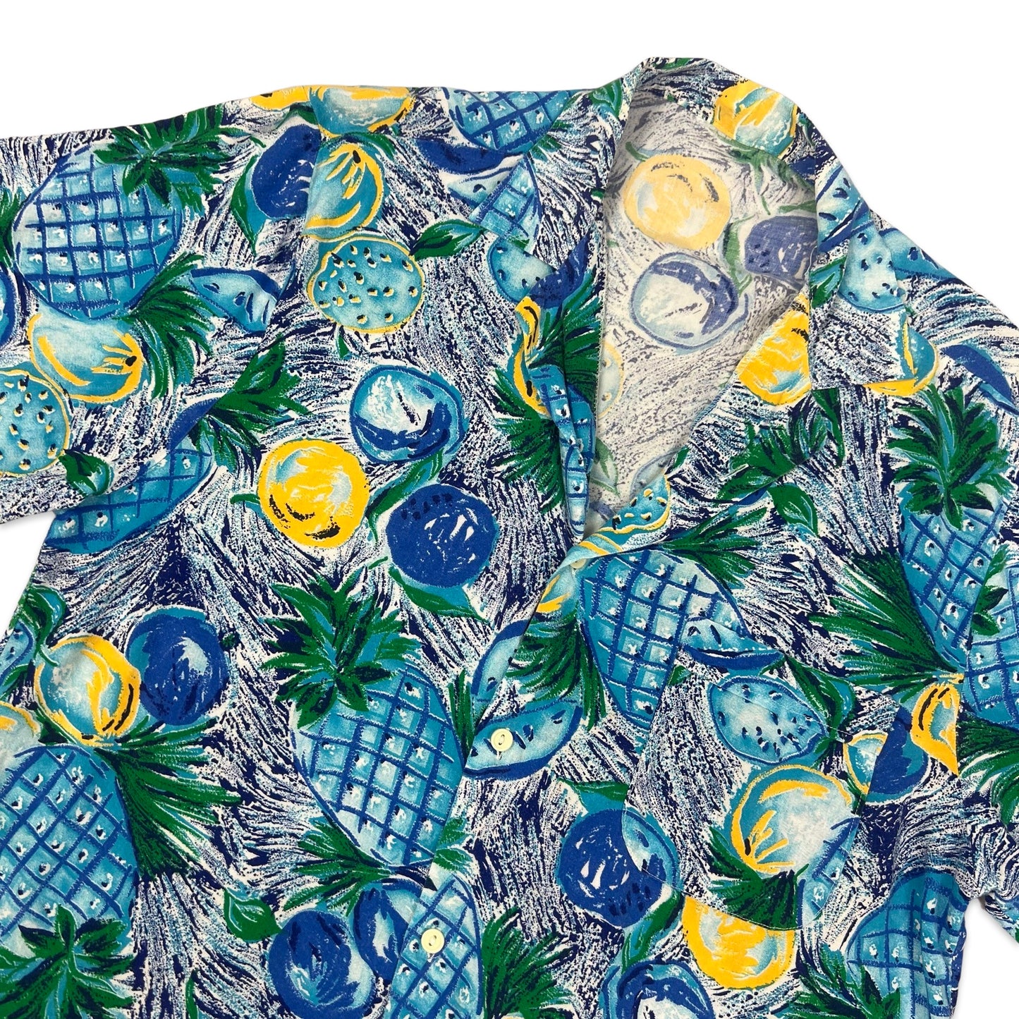 Vintage 80s Blue Pineapple Print Hawaiian Shirt M L