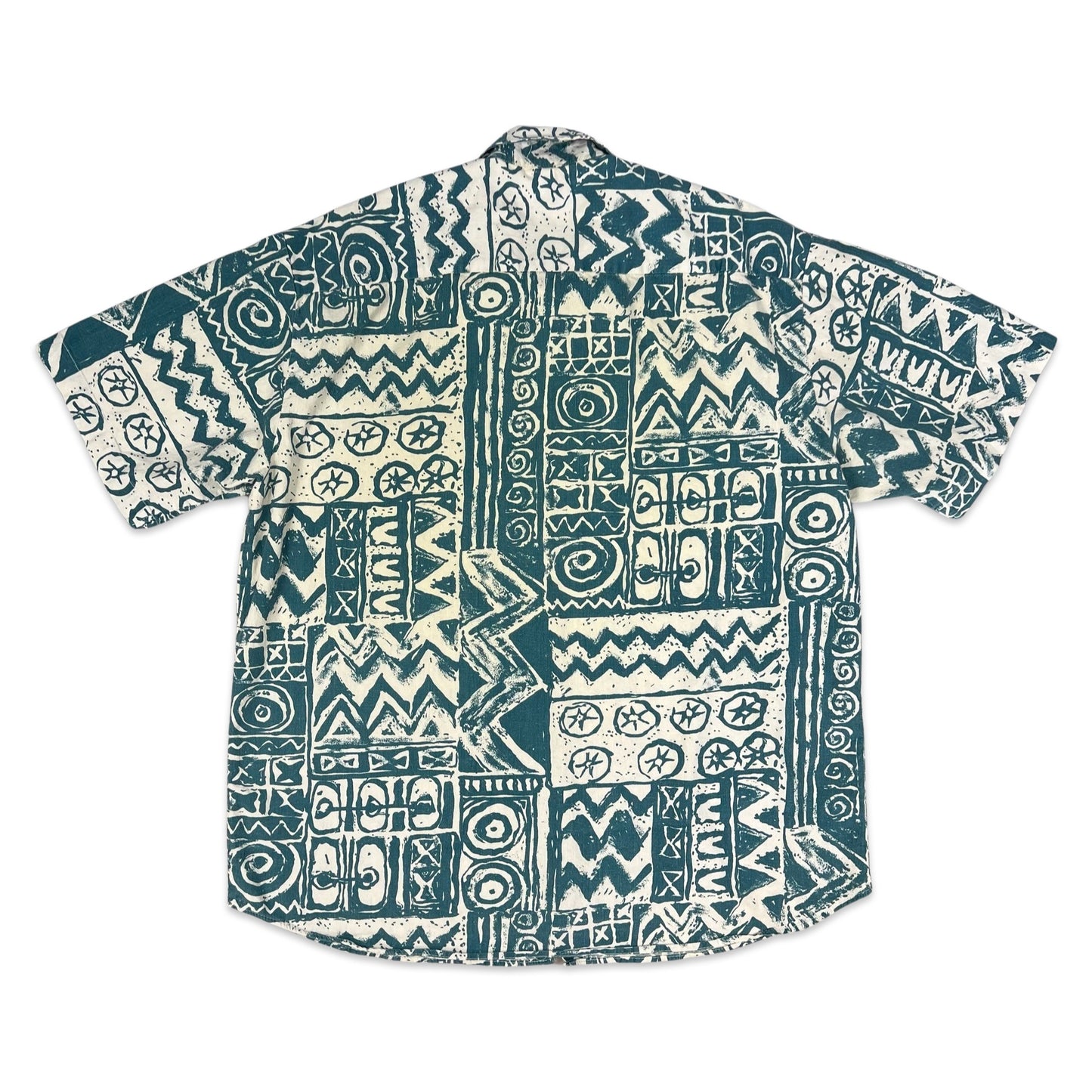 Vintage Blue & White Abstract Print Short Sleeve Shirt L XL