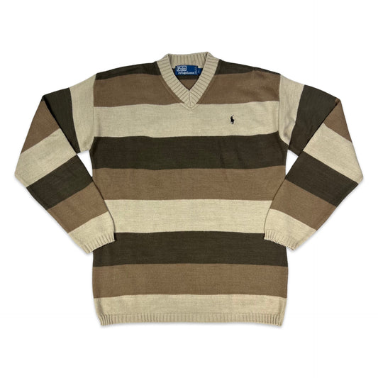 Vintage 80s 90s Ralph Lauren Brown Striped V-neck Knit Jumper M L