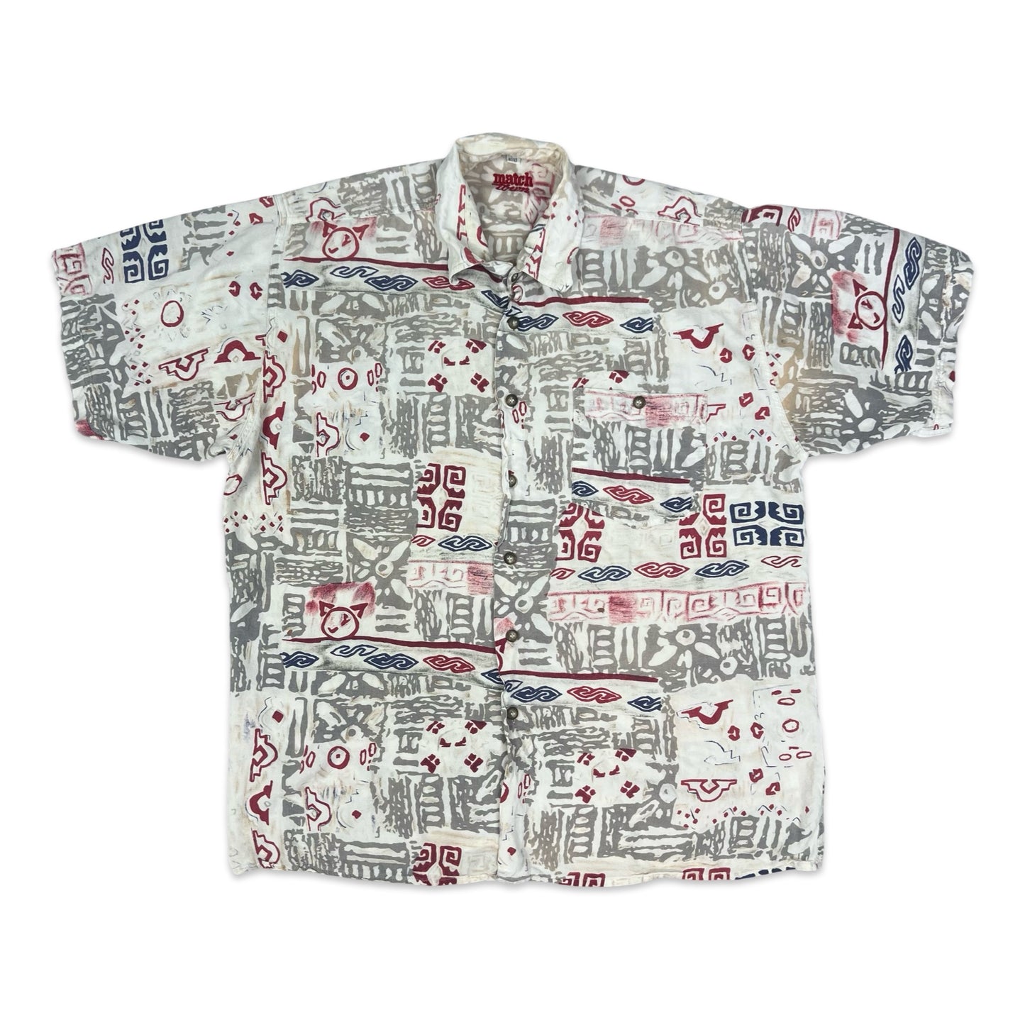 Vintage White Red & Grey Abstract Print Short Sleeve Shirt L XL