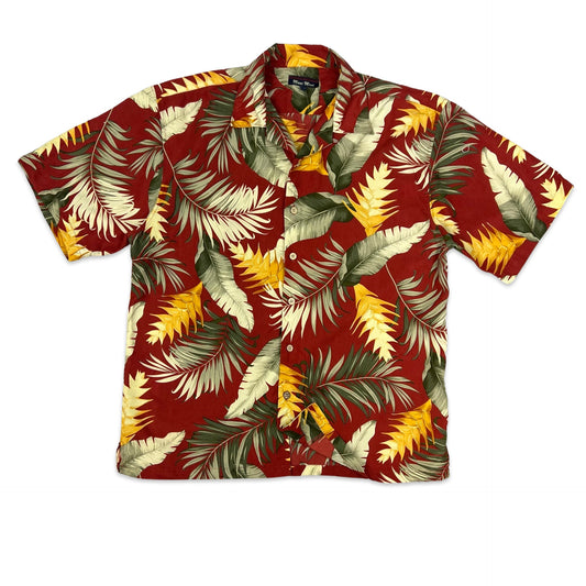 Vintage Red & Green Leaf Print Hawaiian Shirt L XL