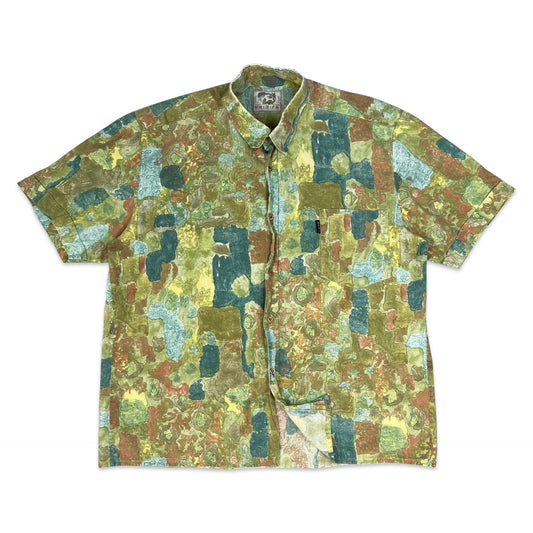 Vintage 80s Green Teal & Brown Abstract Print Shirt L XL