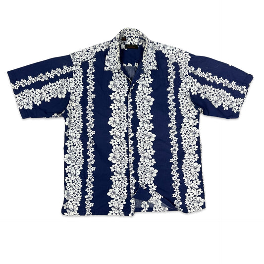 Vintage Blue & White Floral Print Hawaiian Shirt M L