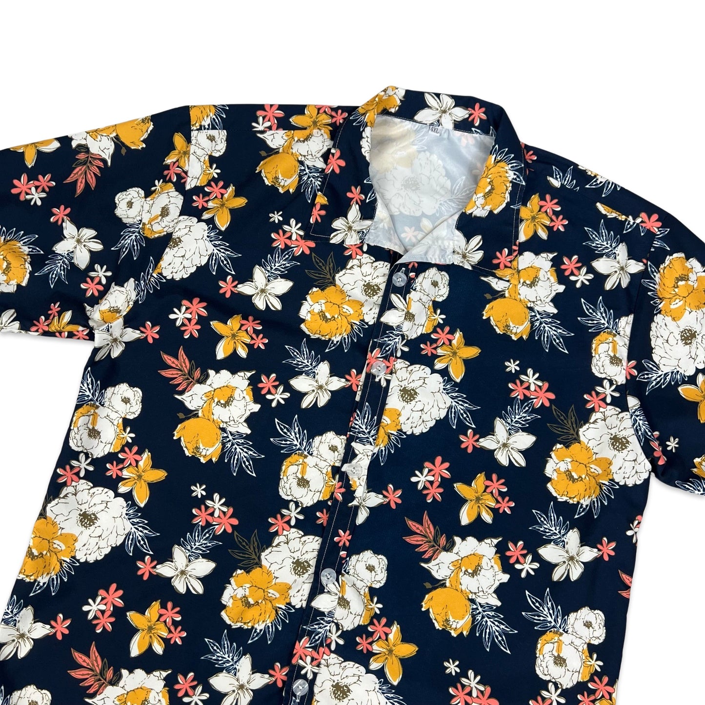 Vintage Floral Print Navy Yellow & White Short Sleeve Shirt M L