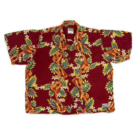 Vintage Y2K Red & Green Guitar Print Hawaiian Shirt XXL 3XL
