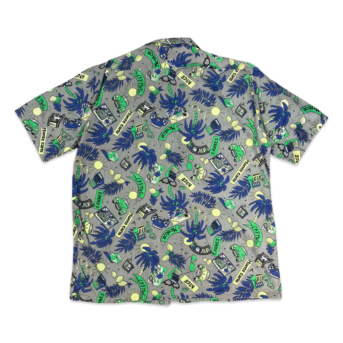 Vintage Grey Blue & Green Abstract Beach Theme Print Hawaiian Shirt S M