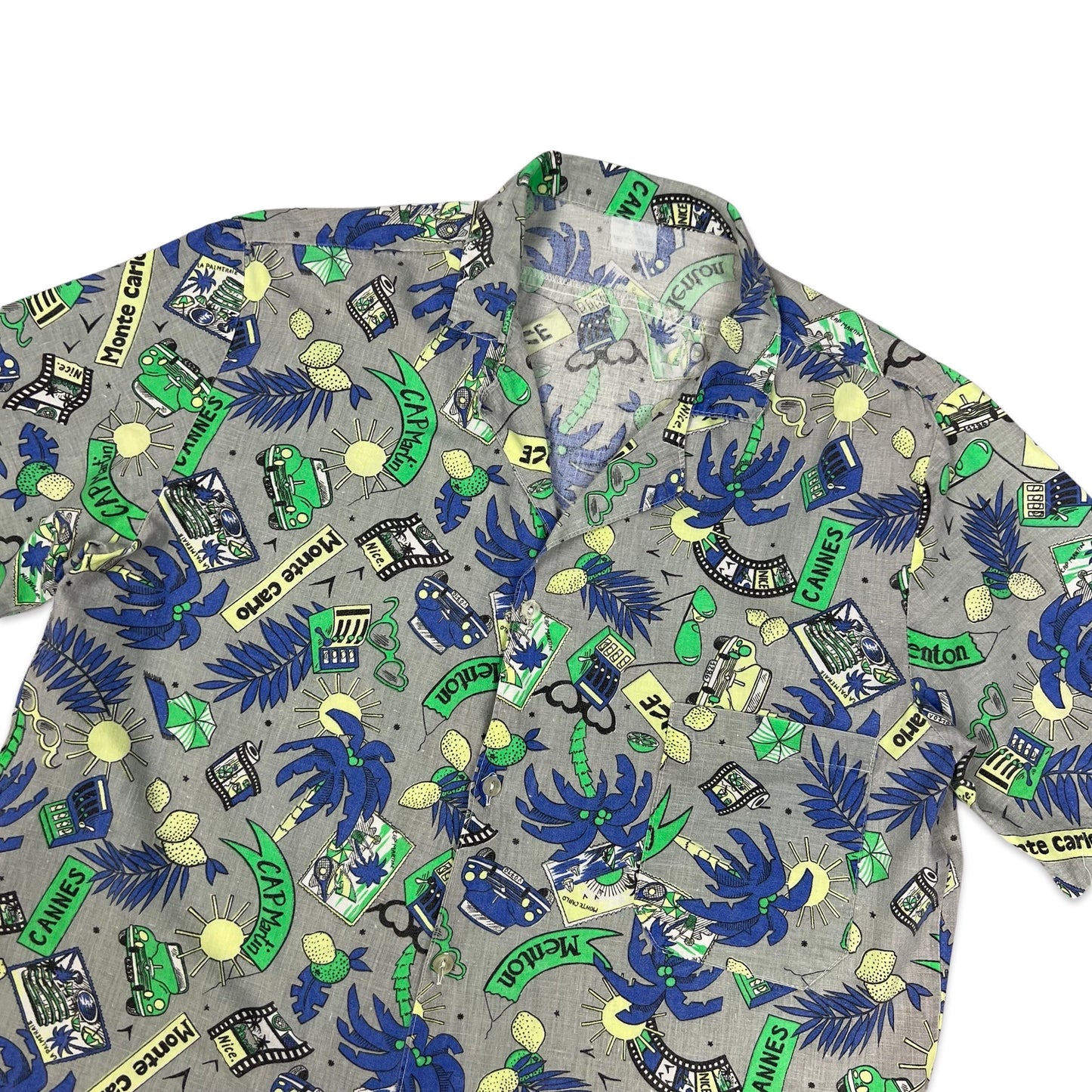 Vintage Grey Blue & Green Abstract Beach Theme Print Hawaiian Shirt S M