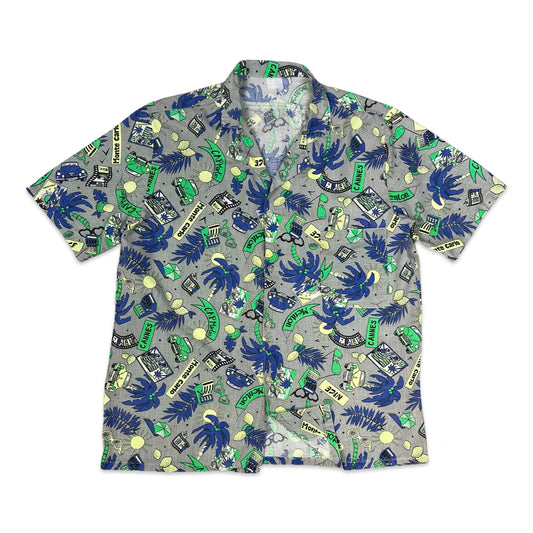 Vintage Grey Blue & Green Abstract Beach Theme Print Hawaiian Shirt S M