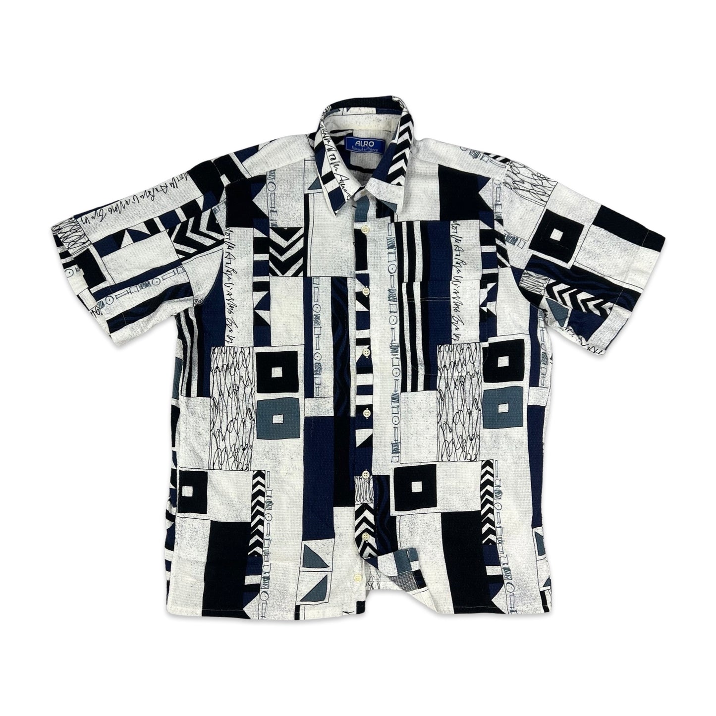 Vintage White Black & Navy Abstract Print Short Sleeve Shirt M L