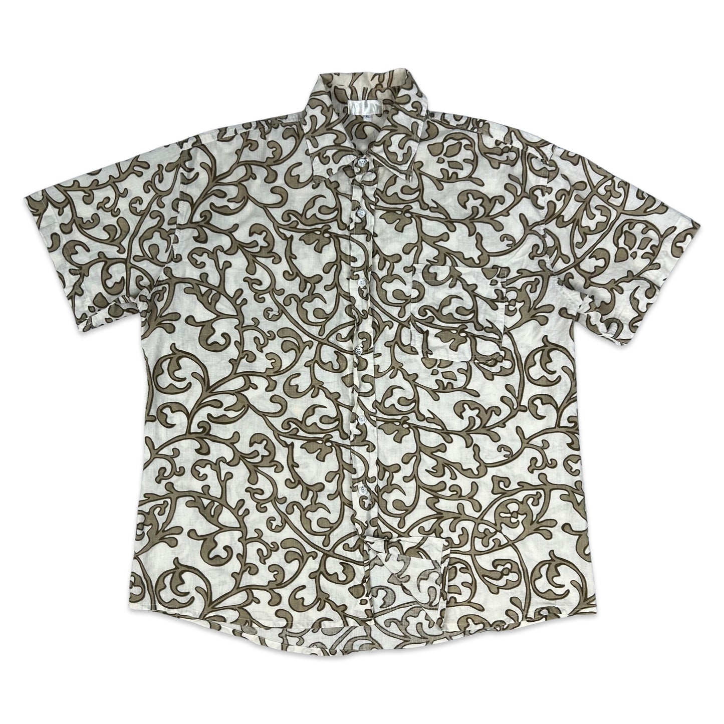 Vintage Beige & Brown Abstract Print Short Sleeve Shirt L XL