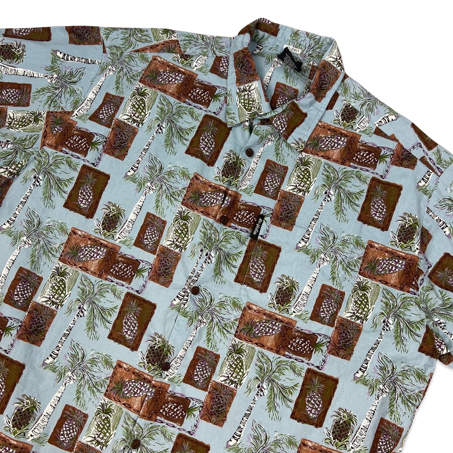 Vintage Y2K Blue & Brown Palm Tree Print Hawaiian Shirt XXL 3XL
