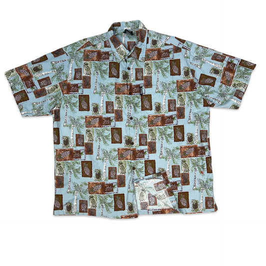 Vintage Y2K Blue & Brown Palm Tree Print Hawaiian Shirt XXL 3XL