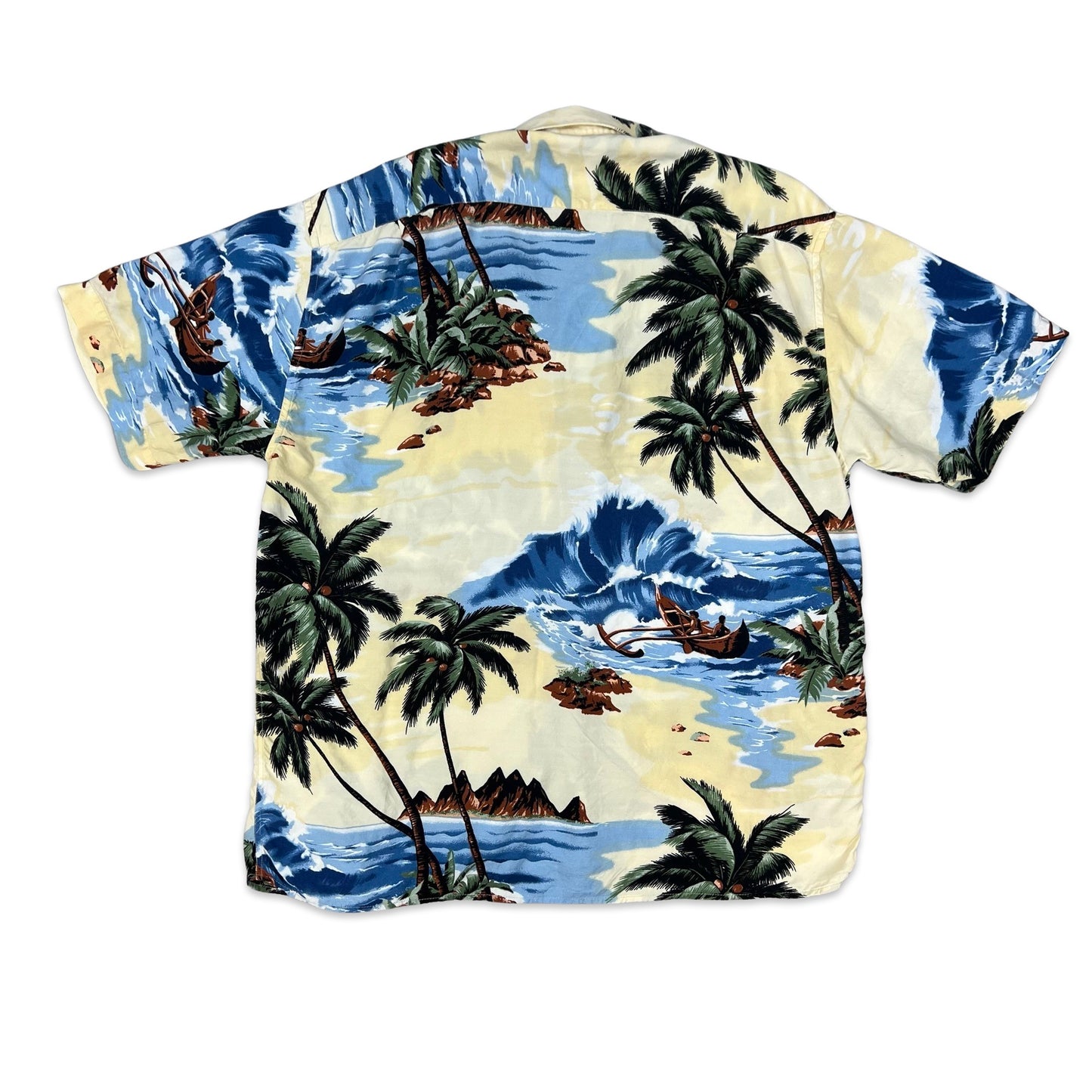 Vintage Beige Blue & Green Island Theme Print Hawaiian Shirt XL XXL