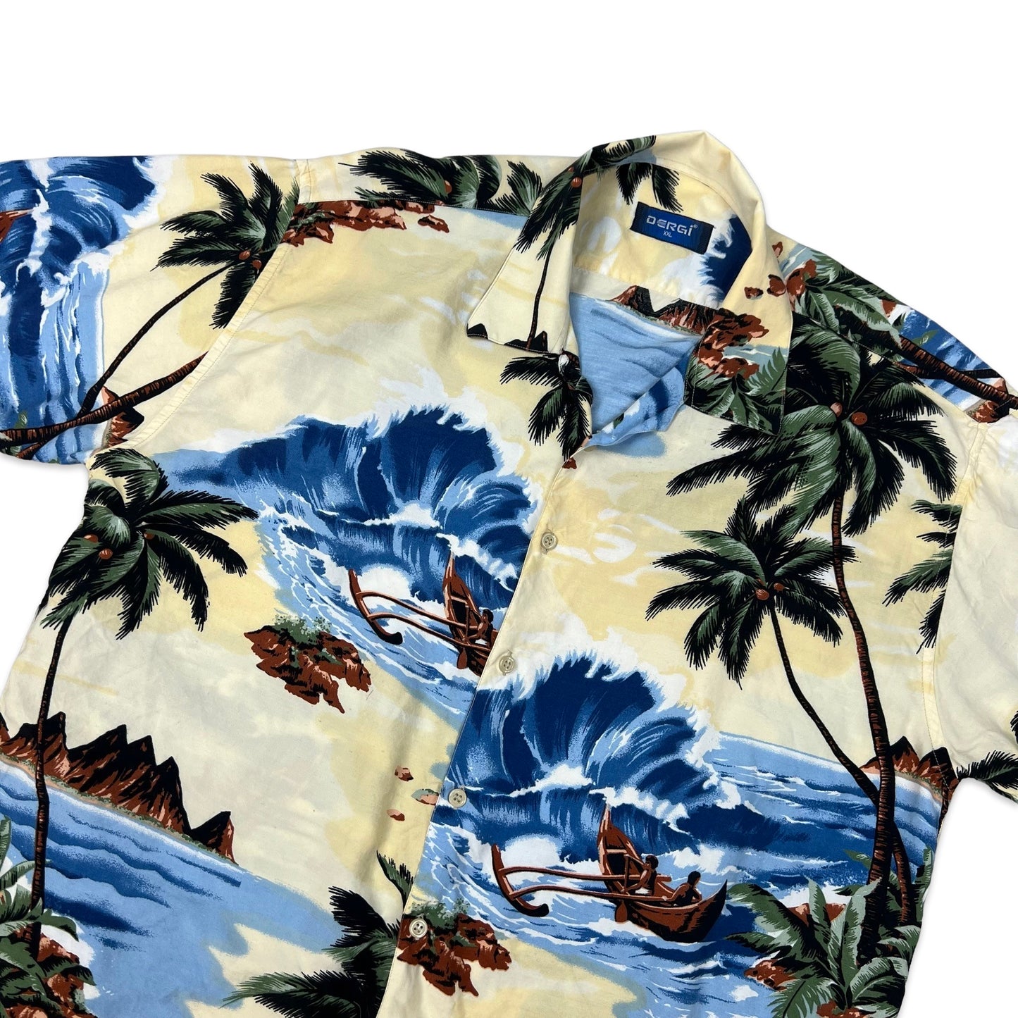 Vintage Beige Blue & Green Island Theme Print Hawaiian Shirt XL XXL