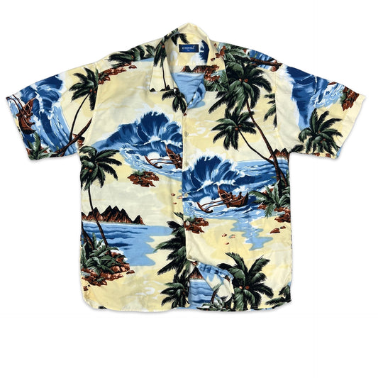 Vintage Beige Blue & Green Island Theme Print Hawaiian Shirt XL XXL