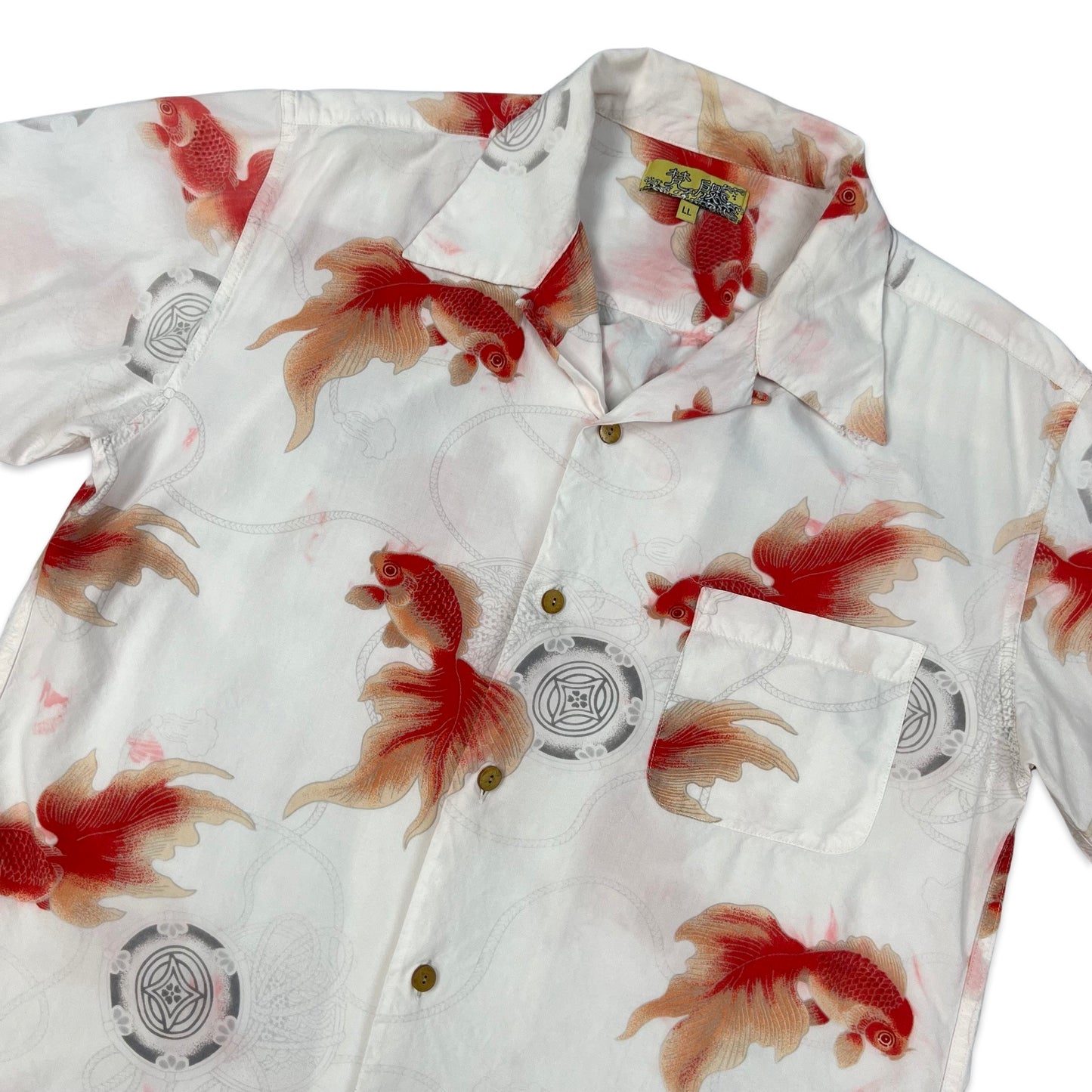 Vintage Y2K White & Orange Koi Fish Print Hawaiian Shirt M L