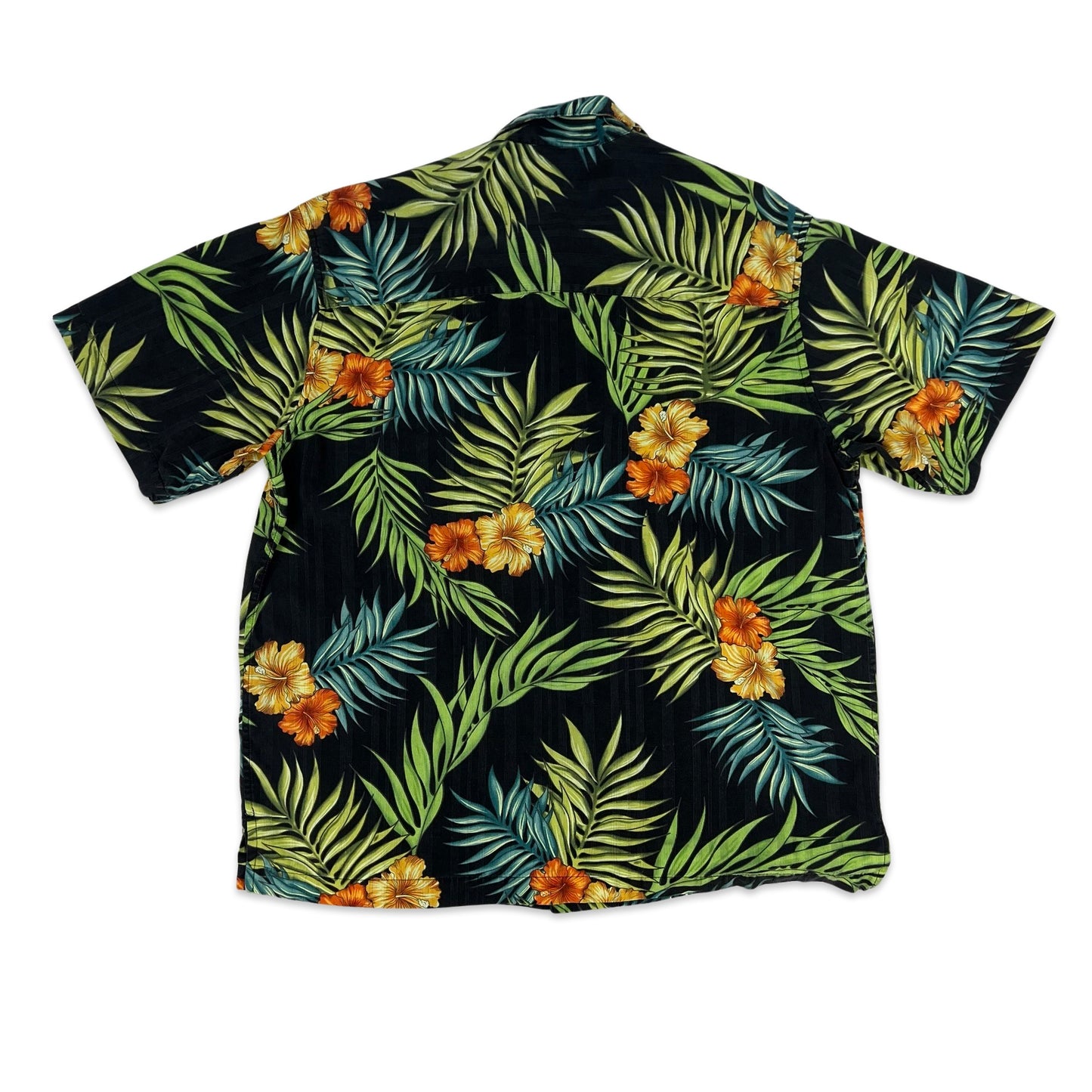 Vintage Botanical Print Black Green & Orange Silk Hawaiian Shirt M L