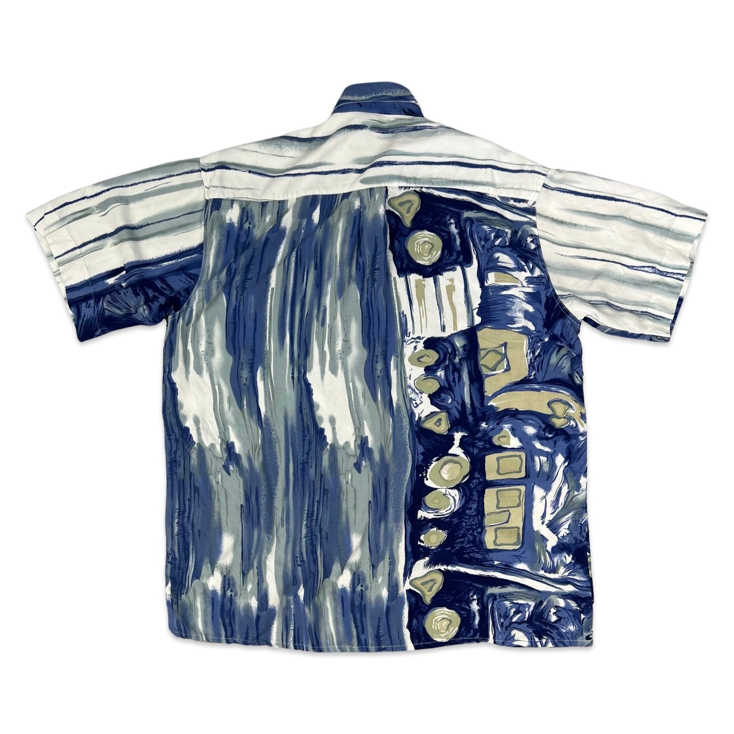 Vintage Blue & White Abstract Print Short Sleeve Shirt M L