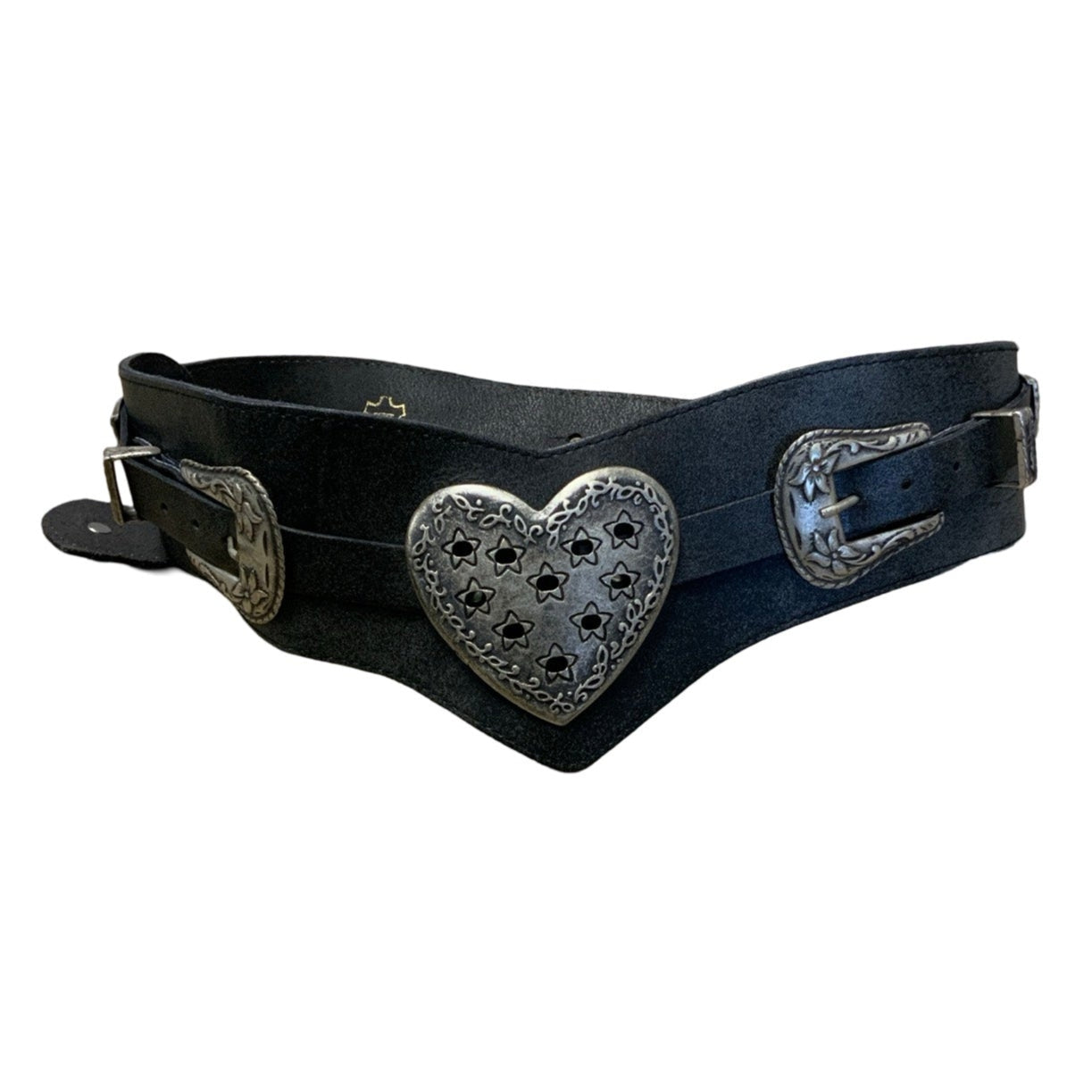 Vintage Black Western Leather Silver Heart Buckle Belt