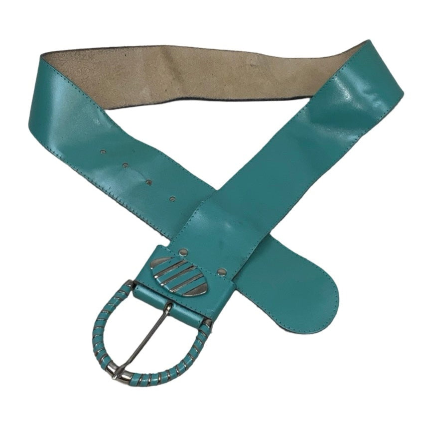 Vintage 80s 90s Retro Teal Green Glossy Leather Silver Buckle Belt