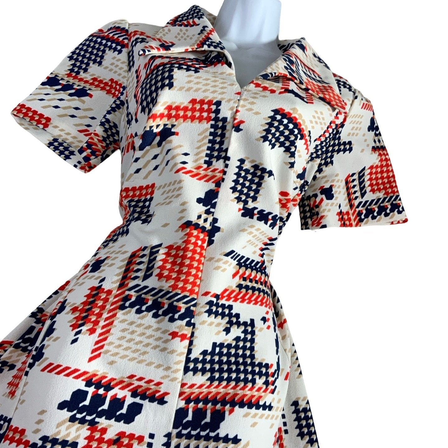 Vintage 60s 70s White Red Blue Shirt Dress 8 10 12