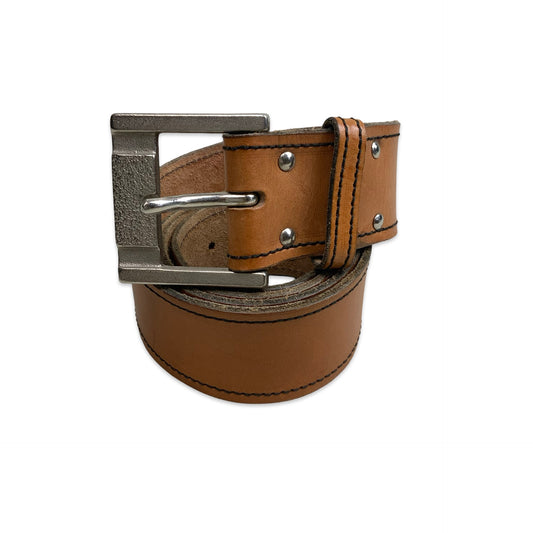 Vintage Tan Brown Leather Belt Silver Buckle