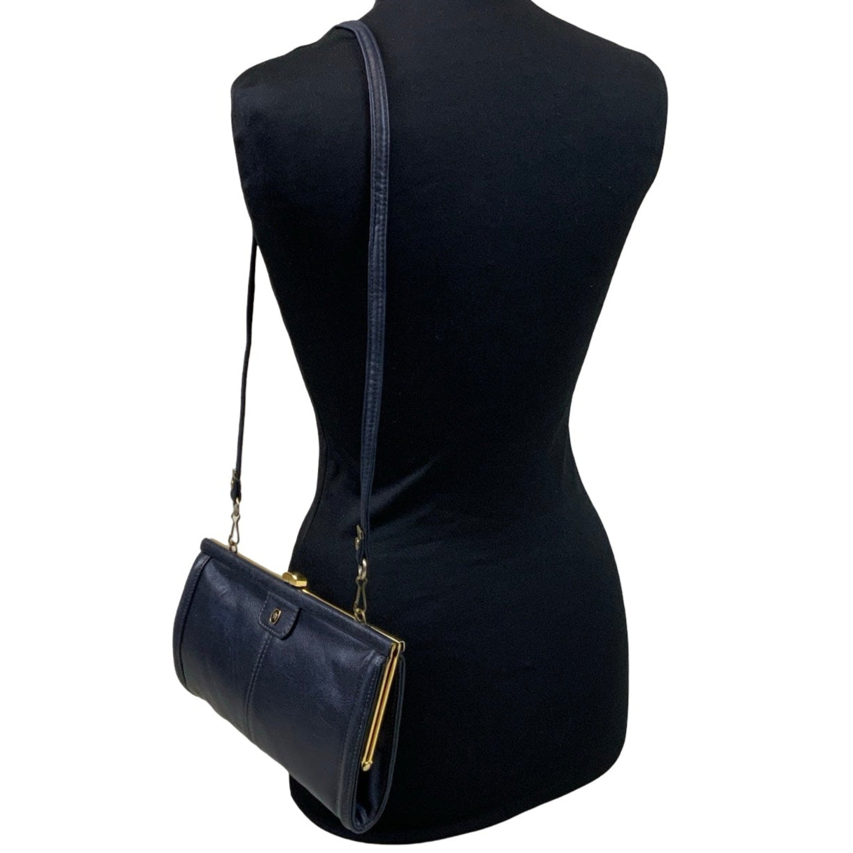 Vintage 80s 90s Navy Blue Leather Clasp Detachable Strap Clutch Shoulder Bag